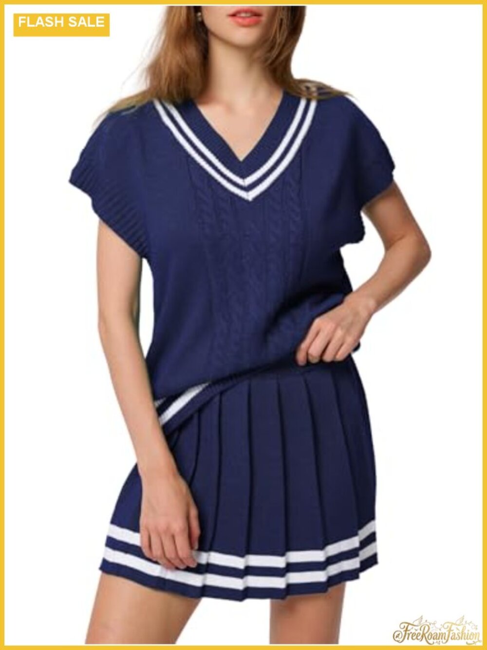 Knit Sweater Vest and Pleated Mini Skirt Set Short Sleeve V Neck Two Piece